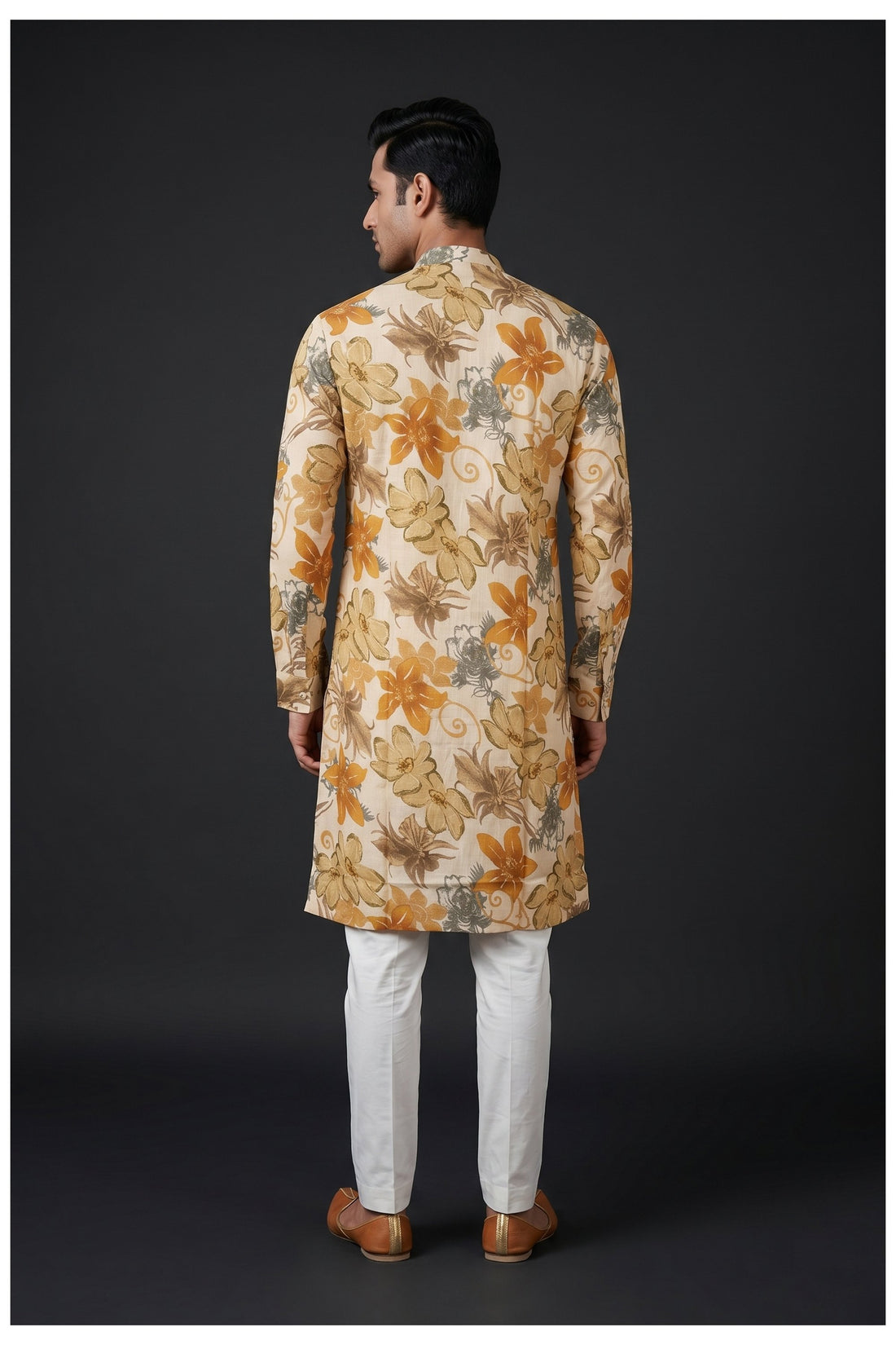 Beige Floral Printed Men'S Kurta