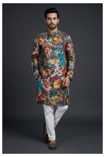 Dark Floral Printed Men’S Kurta Set