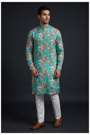 Teal Abstract Printed Men'S Kurta