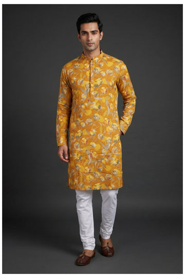 Mustard Floral Printed Men'S Kurta