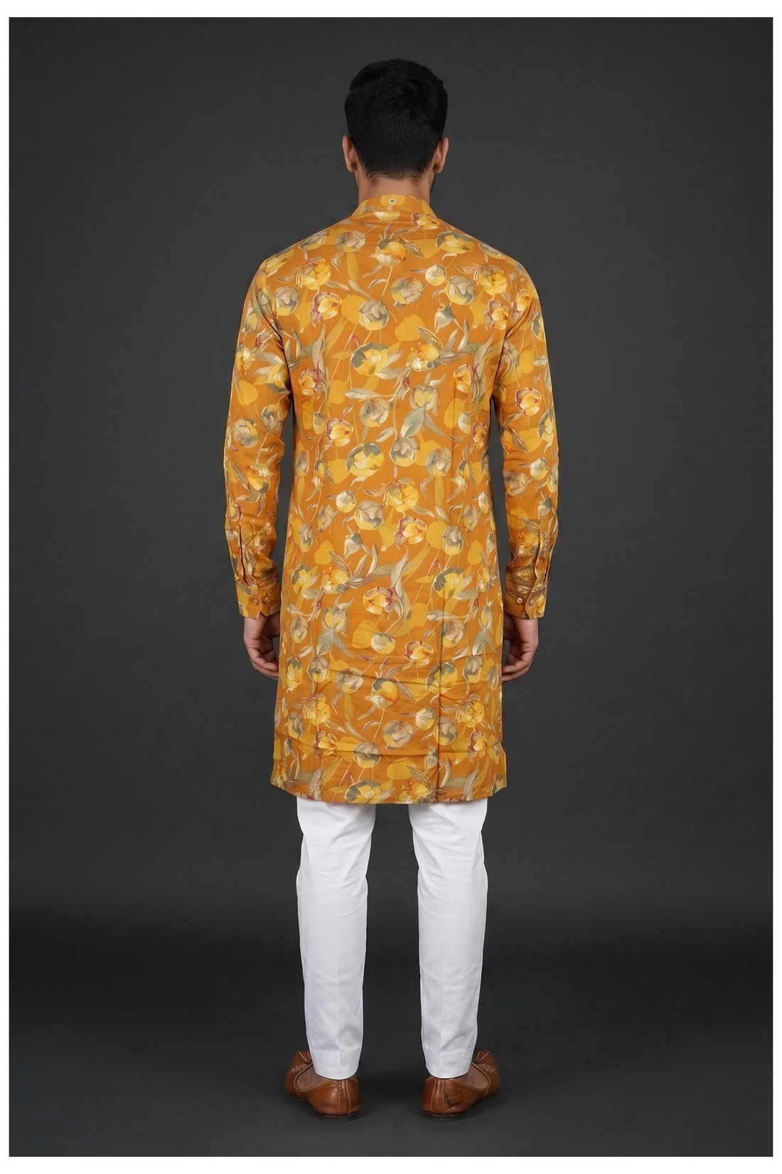 Mustard Floral Printed Men'S Kurta