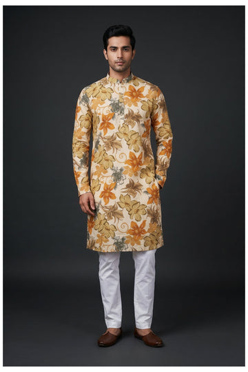 Cream Floral Printed Men’S Kurta Set