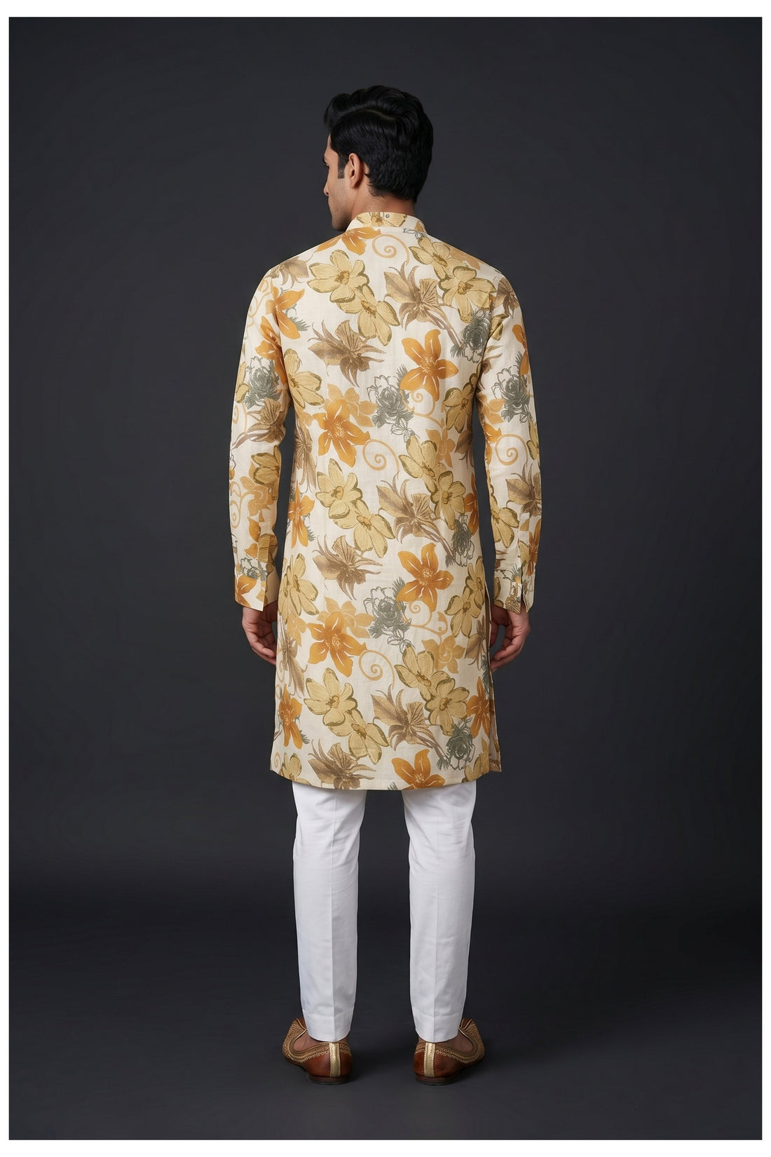 Cream Floral Printed Men’S Kurta Set