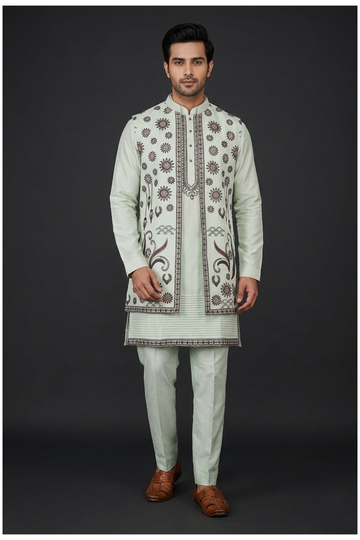 Men'S Printed Kurta Set With Long Koti