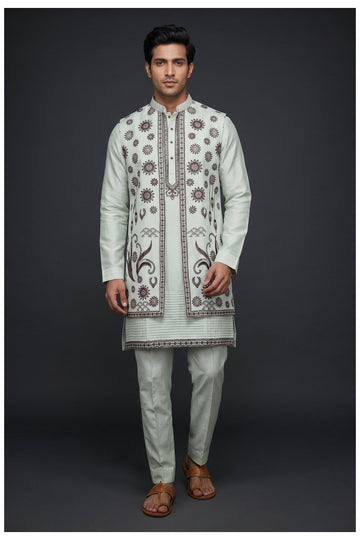Mint Green Embroidered Men'S Koti-Kurta Set