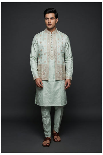 Mint Green Embroidered Men'S Koti-Kurta Set