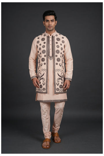 Peach Embroidered Men'S Koti-Kurta Set