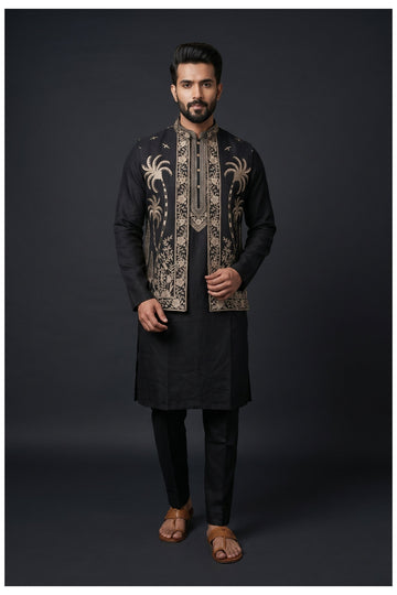 Black Embroidered Men'S Koti-Kurta Set