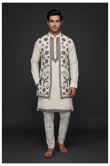 Men'S Printed Kurta Set With Long Koti