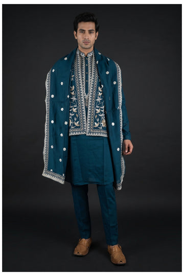Teal Embroidered Men'S Koti-Kurta Set