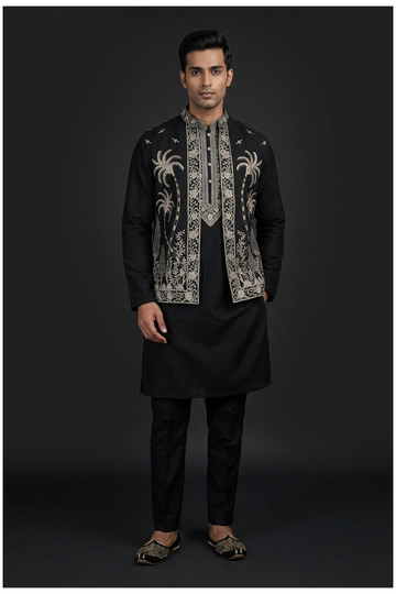 Men'S Embroidered Kurta Set With Long Koti