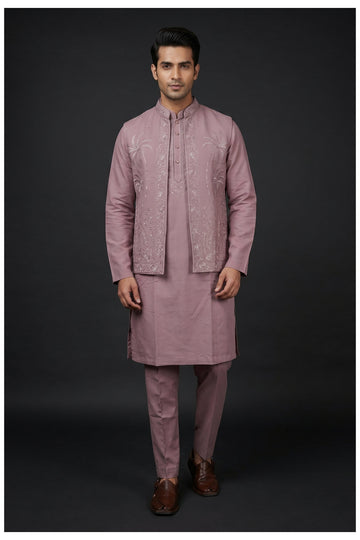 Dusty Mauve Embroidered Men'S Koti-Kurta Set