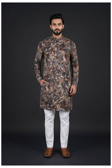Brown Botanical Printed Men’S Kurta Set