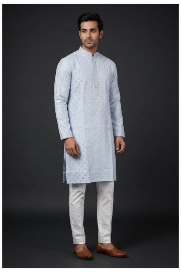 Light Blue Foliage Patterned Men'S Kurta