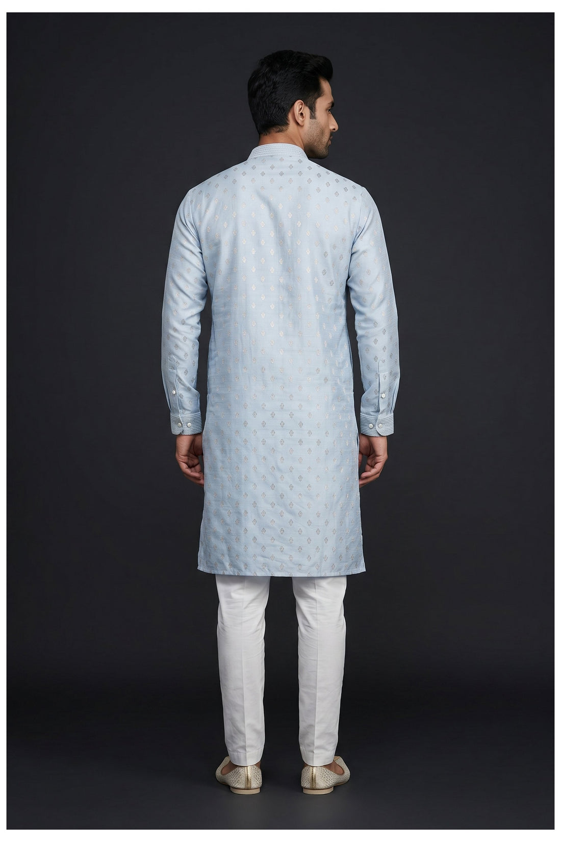 Light Blue Foliage Patterned Men'S Kurta