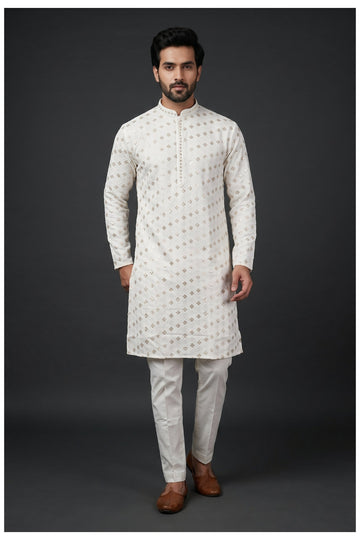 Off White Embroidered Men'S Kurta
