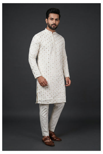 Off White Embroidered Men'S Kurta