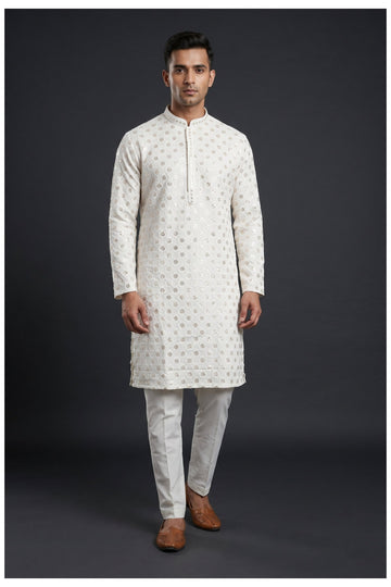 Off White Embroidered Men'S Kurta