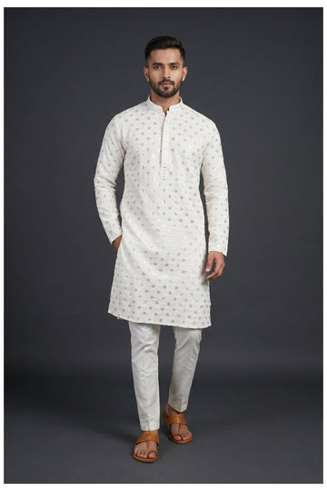 Off White Embroidered Men'S Kurta