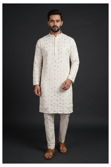 Off White Embroidered Men'S Kurta