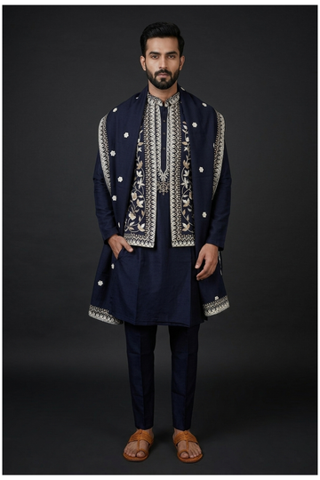 Men'S Embroidered Kurta Set With Stole