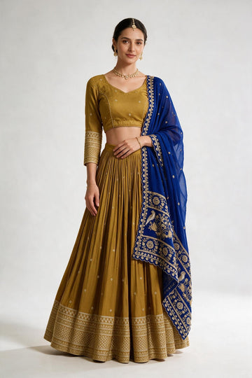 Mustard Yellow Blue Embroidered Chaniya Choli
