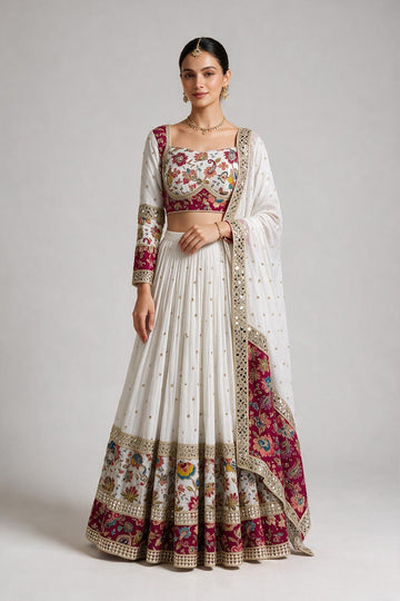 White & Magenta Floral Embroidered Chaniya Choli