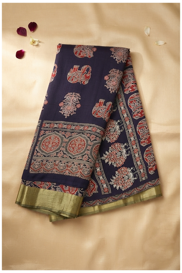 Navy Blue Ajrakh Art Silk Gift Purpose Saree