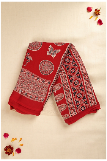 Vermilion Red Ajrakh Art Silk Gift Saree
