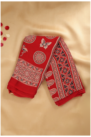 Crimson Red Ajrakh Art Silk Saree For Gift Purpose