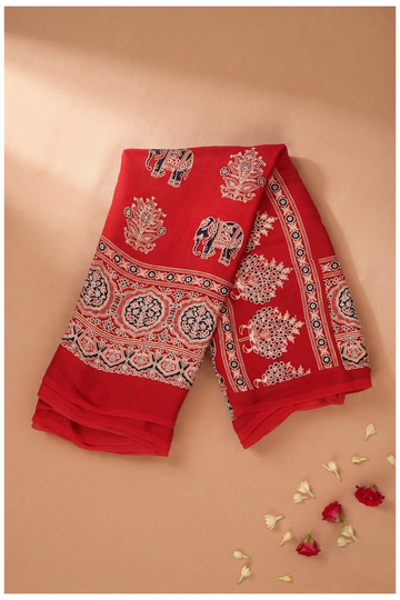 Crimson Red Ajrakh Art Silk Gift Purpose Saree