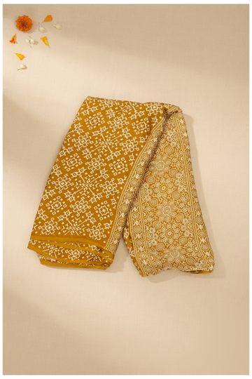 Mustard Ajrakh Art Silk Saree For Gift Purpose