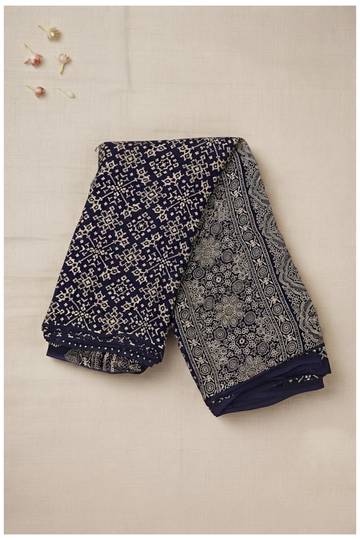 Navy Blue Ajrakh Art Silk Saree For Gift Purpose