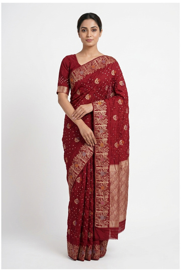 Maroon Bandhni Gajji Silk Wedding Party Wear Saree