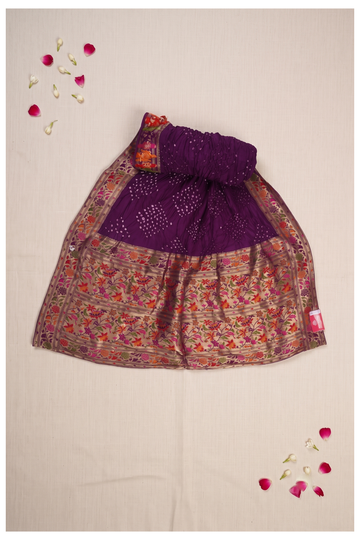Royal Purple Georgette Bandhani Saree With Banarasi Zari Floral Border