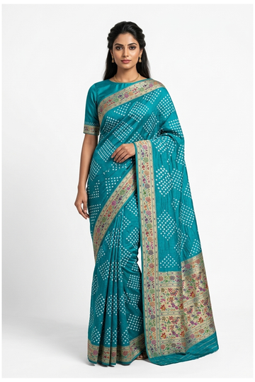 Teal Bandhni Gajji Silk Wedding & Party Wear Saree