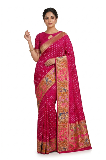 Rani Pink Bandhni Gajji Silk Wedding Party Wear Saree