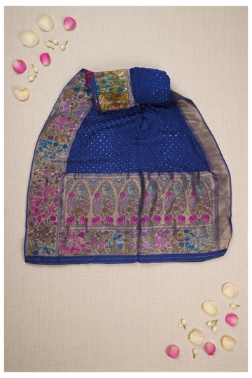 Elegant Royal Blue Bandhani Georgette Saree With Ornate Banarasi Meenakari Border