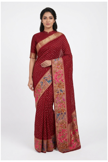 Maroon Bandhni Gajji Silk Wedding Party Wear Saree