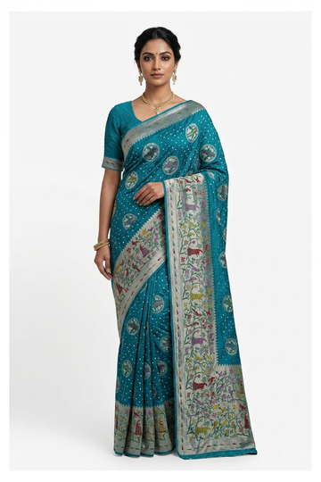 Teal Bandhni Art Silk Gajji Silk Wedding & Party Wear Saree
