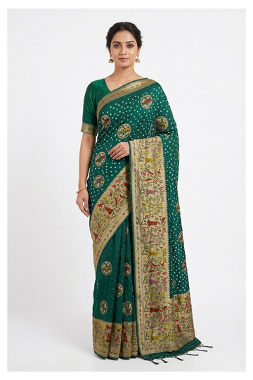 Bottle Green Bandhni Gajji Silk Wedding Party Wear Saree