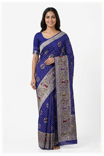 Royal Blue Gajji Silk Bandhni Wedding Party Saree