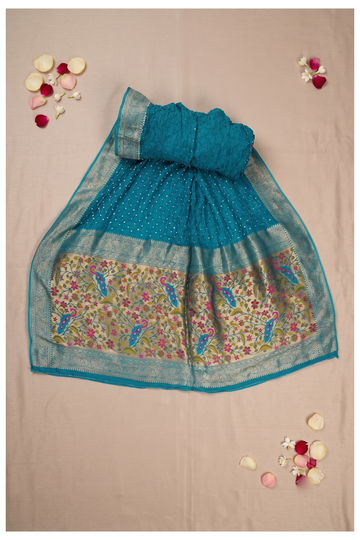 Elegant Teal Blue Bandhani Georgette Saree With Banarasi Zari Meenakari Pallu