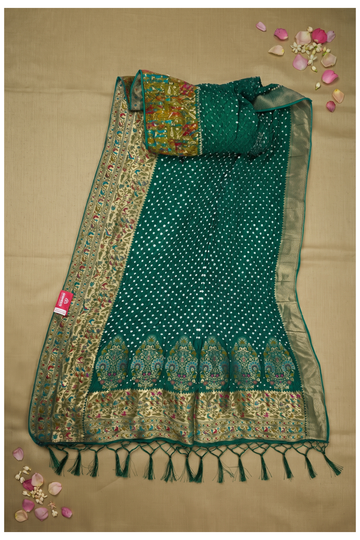 Bottle Green Bandhni Art Gajji Silk Wedding Party Saree
