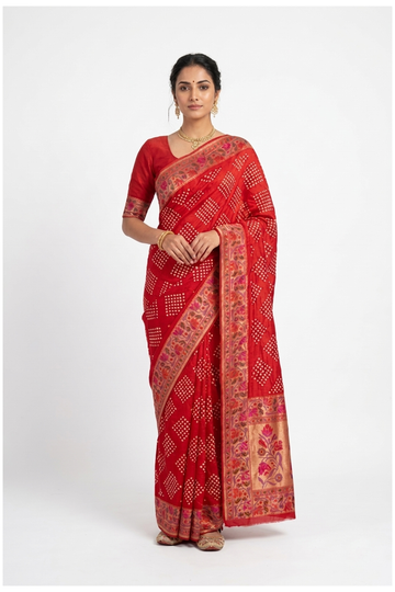 Crimson Red Bandhni Gajji Silk Wedding & Party Wear Saree