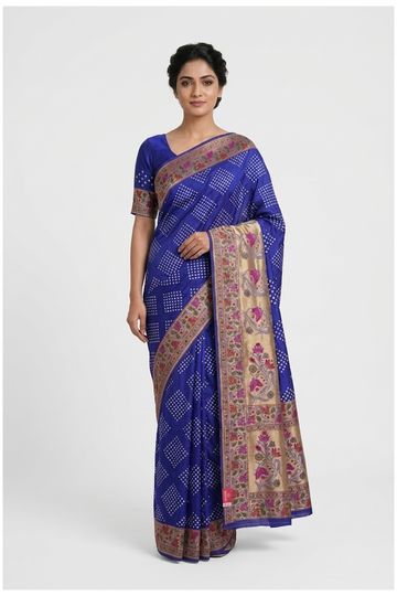 Royal Blue Bandhni Art Silk Gajji Wedding Party Wear Saree