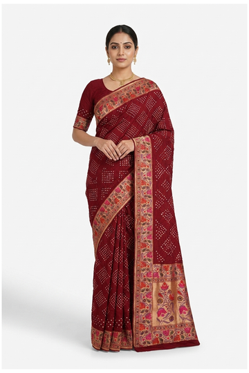 Maroon Bandhni Gajji Silk Wedding & Party Wear Saree