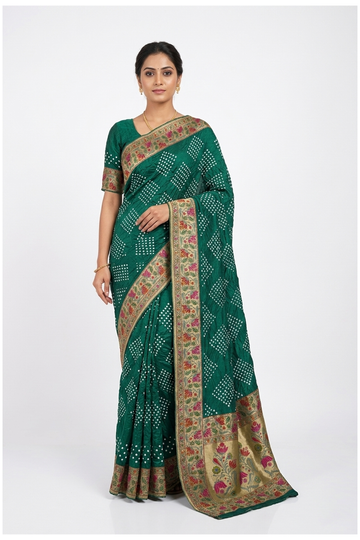 Bottle Green Bandhni Gajji Silk Wedding Party Wear Saree