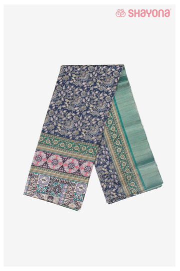 Navy Blue Premium Cotton Saree With Printed