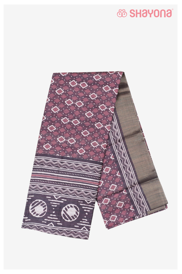 Wine Cotton Saree With Printed